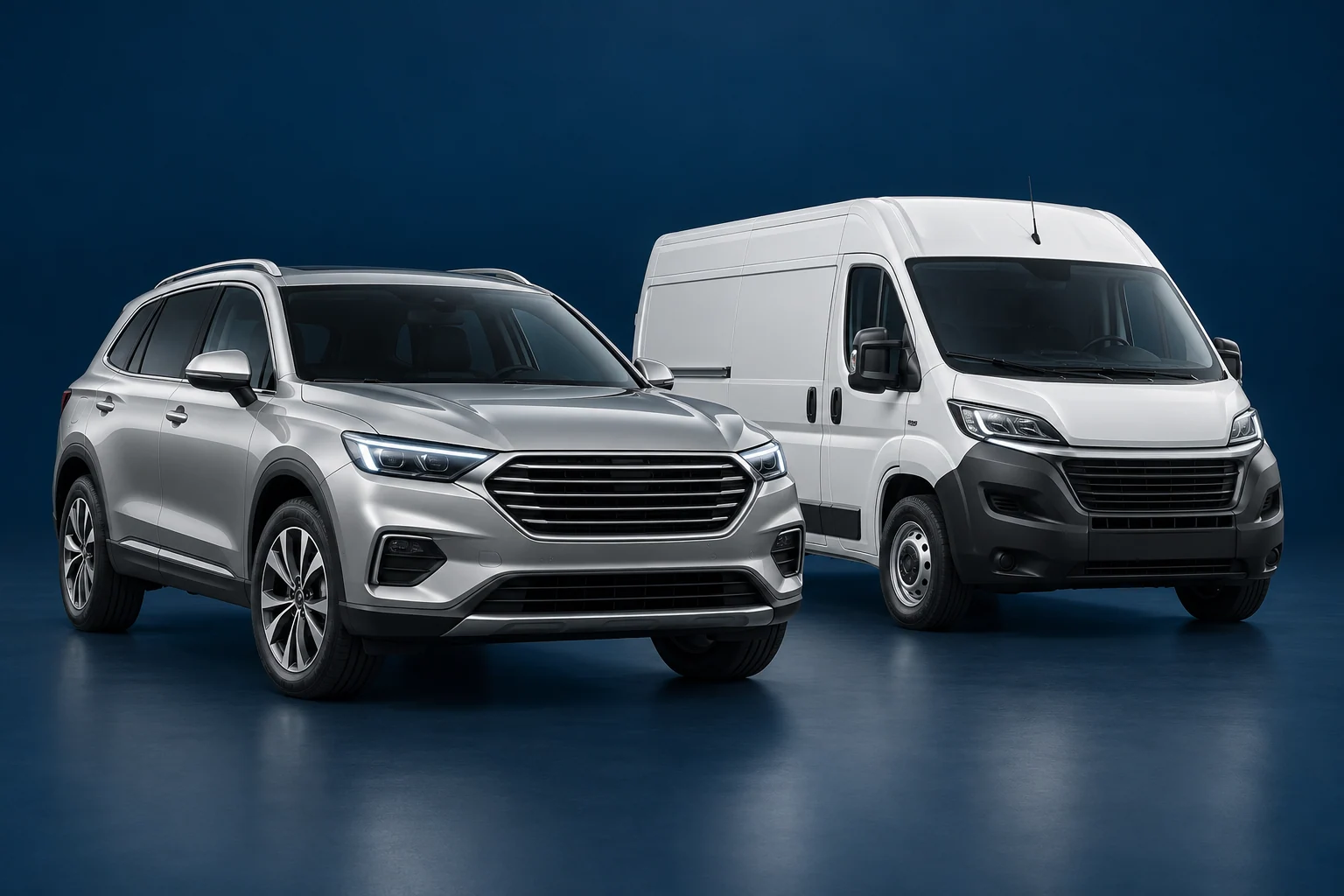Illustration of a silver passenger SUV and a white cargo van in a navy studio