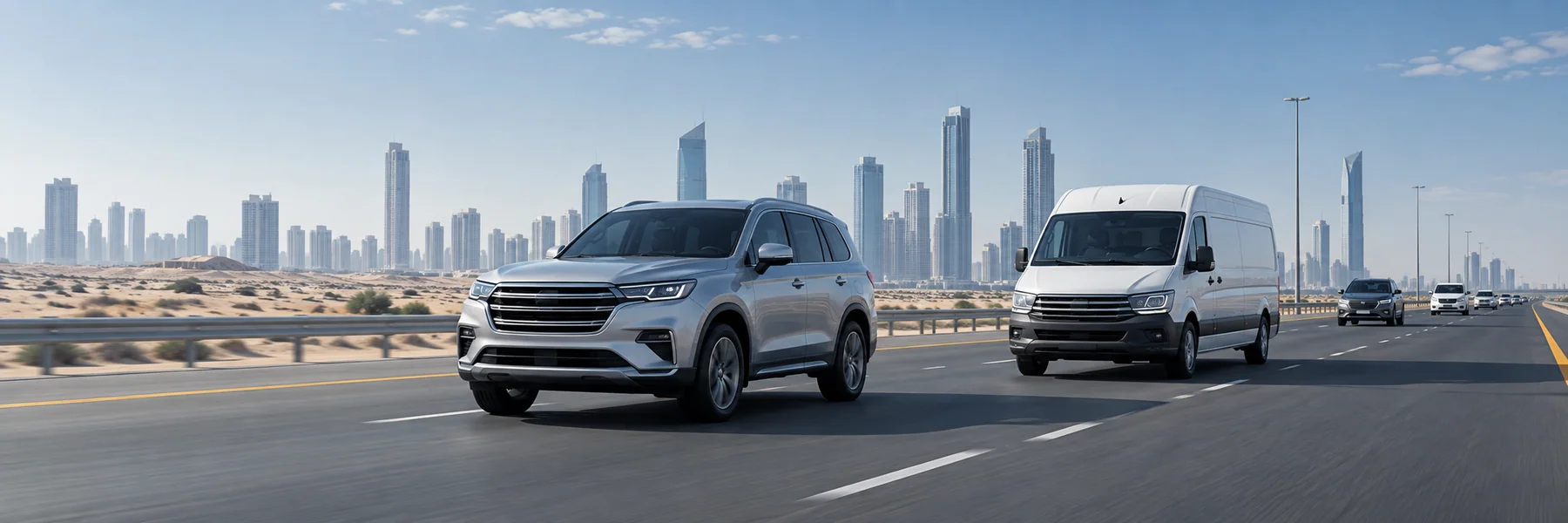 Vehicles on a desert highway near a Middle Eastern city — illustrative scene
