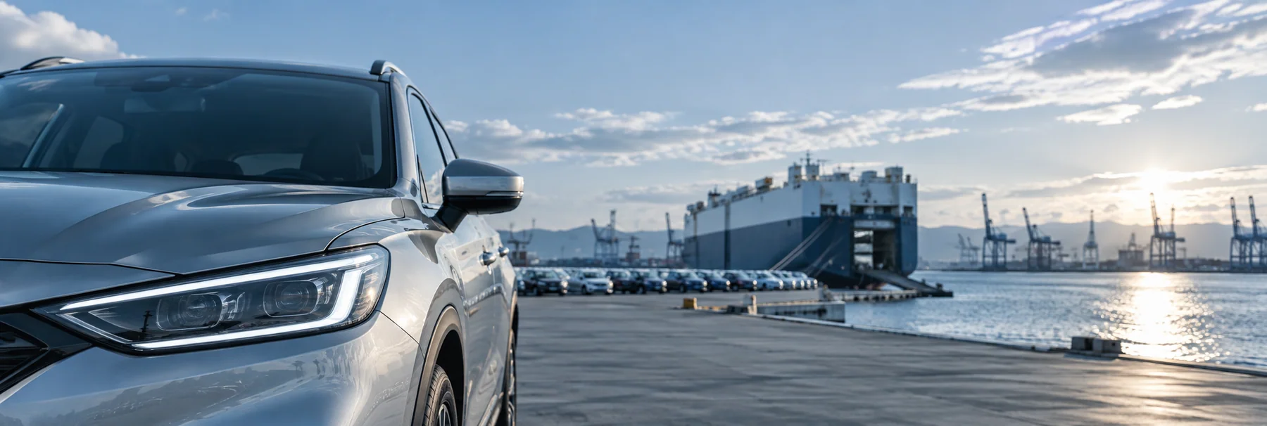 Automotive detail with an international port in the background — illustrative scene