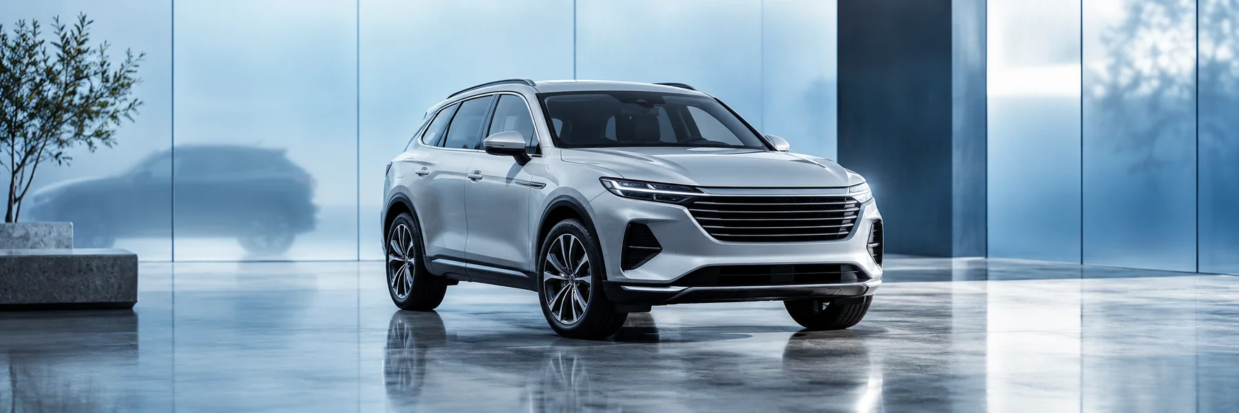 Frosted blue glass panels and a silver vehicle — illustrative scene