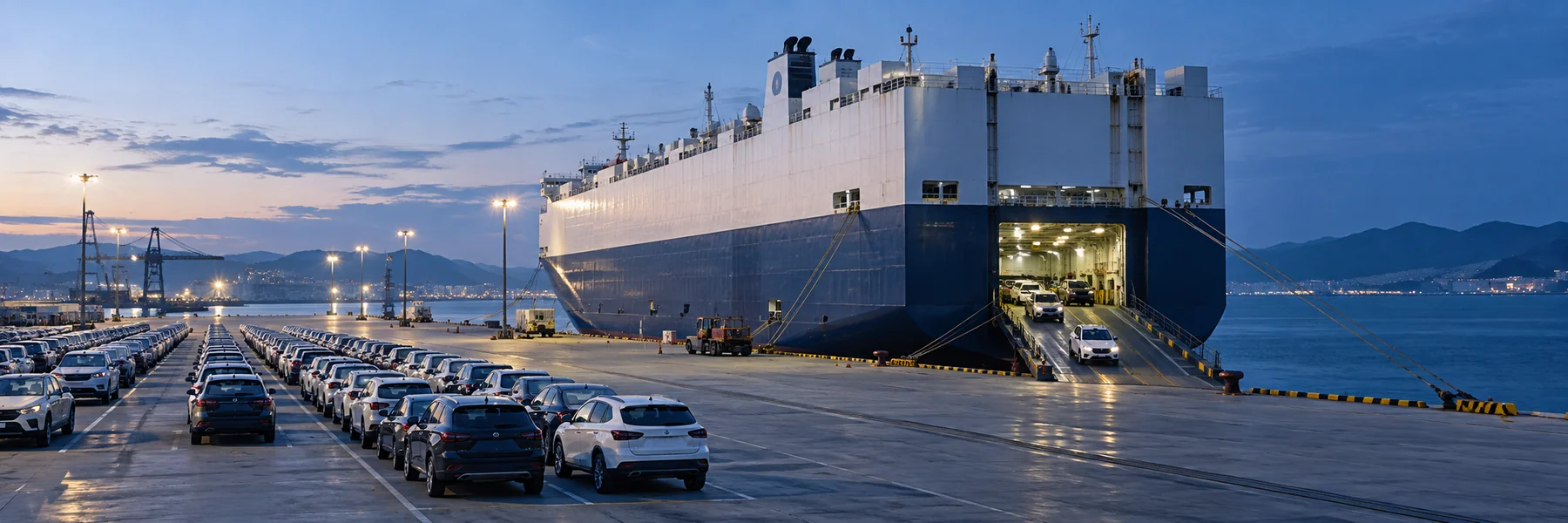 Vehicle carrier and loading quay at a port — illustrative scene