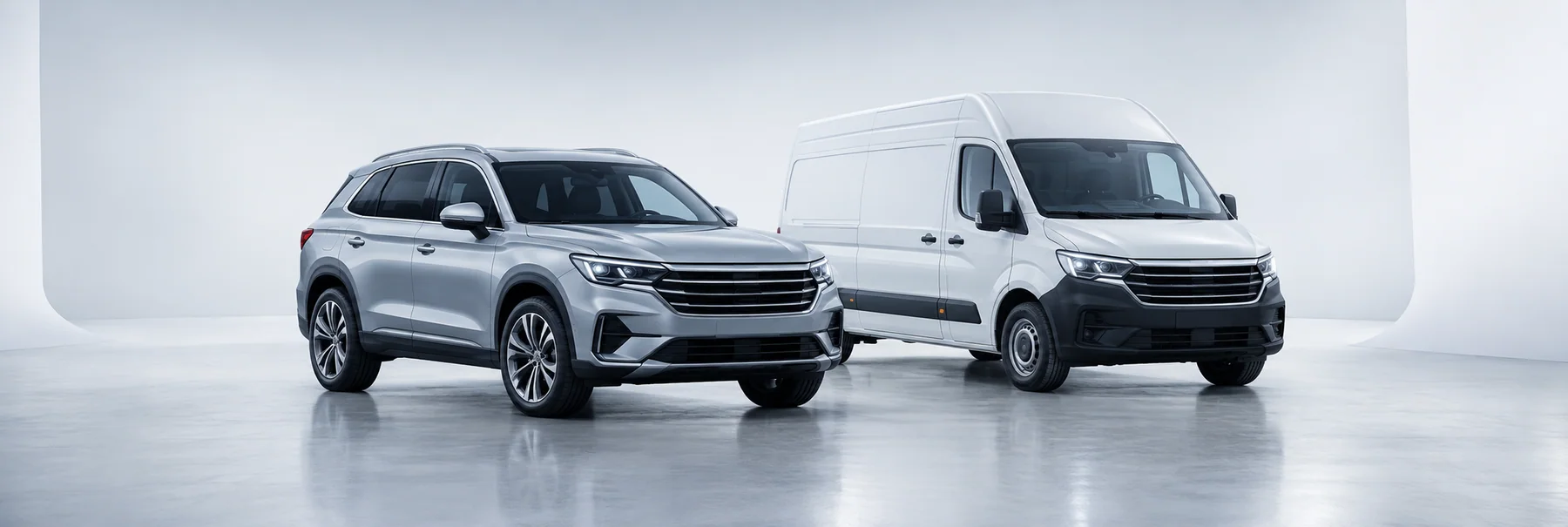 Passenger SUV and commercial van in a blue studio — illustrative scene