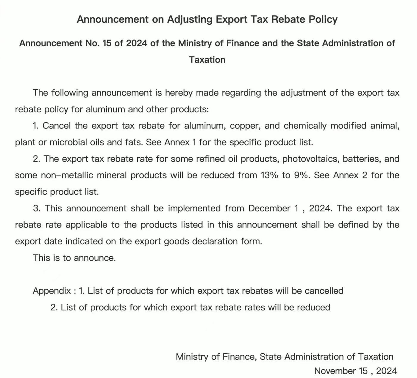 Tax Refund Adjustment丨The export tax rebate rate for some photovoltaic products is reduced from 13% to 9%